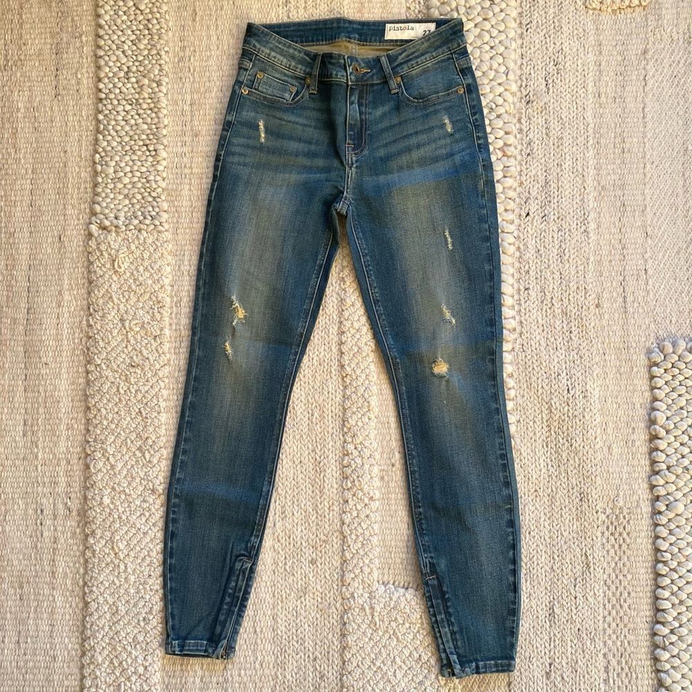 Pistola Médium Wash Distressed Skinny Jeans Cotton Zip Ankle Size 27